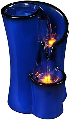GOSSI Imitation Ceramic Tabletop Fountain with 3 Reflective LEDs 98 Inch Tall Blue