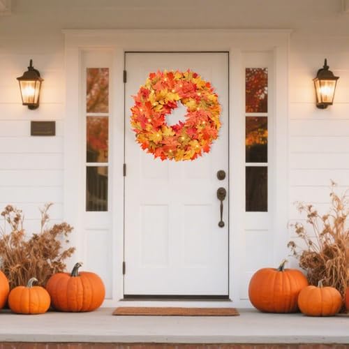 26 Inch Foldable Fall Wreath with Lights and Timer