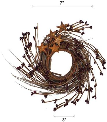 Rustic Pip Berries and Twig Wreath with Barn Stars 7 Inch Burgundy