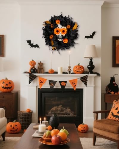 Halloween Wreath with Skull 20 Inch Black Maple Leaves Decor