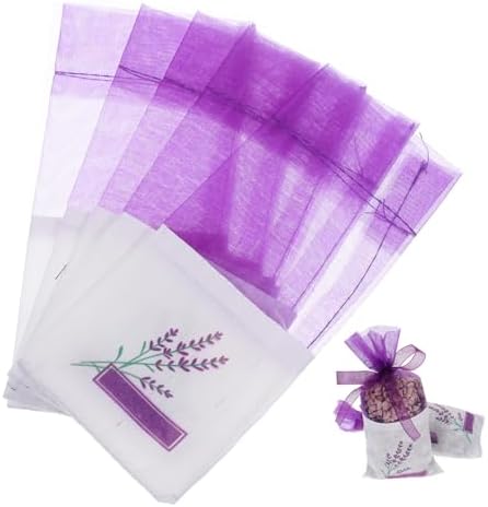 25 Pack Lavender Sachet Bags with Ribbons - Dark Purple Organza