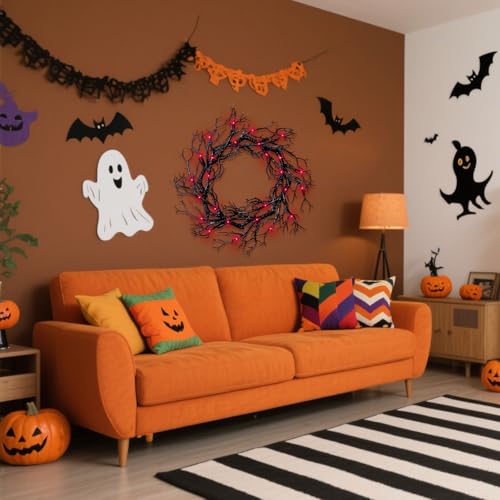 Halloween Black Branch Wreath with Lights