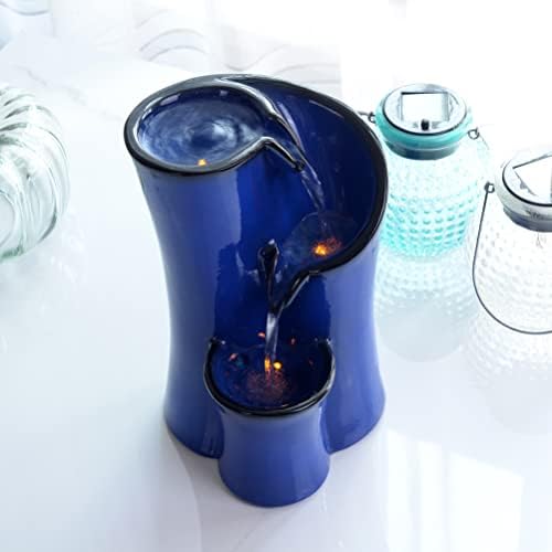 GOSSI Imitation Ceramic Tabletop Fountain with 3 Reflective LEDs 98 Inch Tall Blue