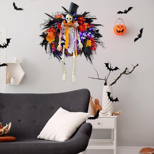 Gothic Skeleton Wreath with Lights 28 Inch Halloween Decor