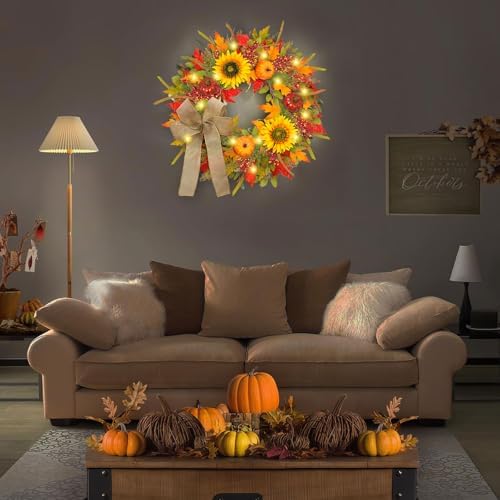 Fall Wreath with Lights and Pumpkins for Front Door