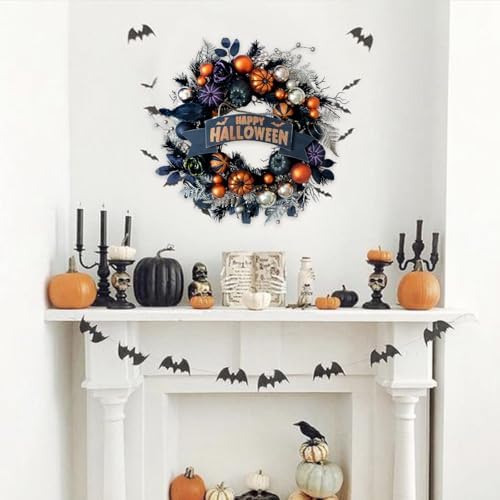 Halloween Glitter Pumpkin Wreath with Balls Berries and Black Roses