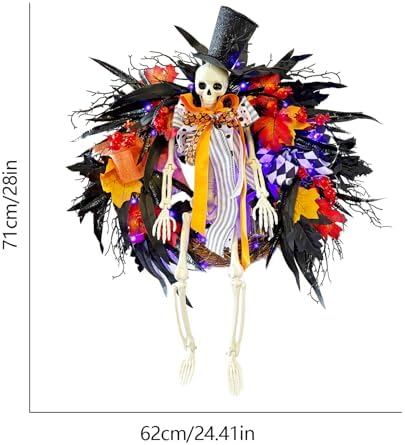 Gothic Skeleton Wreath with Lights 28 Inch Halloween Decor