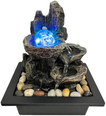 Indoor Rotating Water Fountain with LED Lights and River Rocks