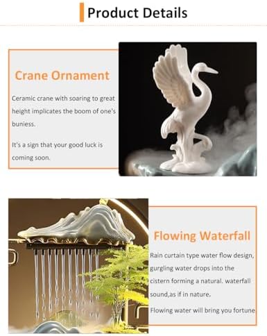 Elegant Crane Tabletop Water Fountain with LED Light and Mist