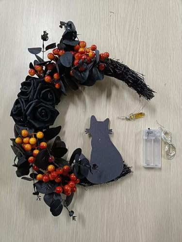 Ceenna Halloween Moon Wreath with Black Roses and Orange Berries