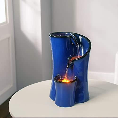 GOSSI Imitation Ceramic Tabletop Fountain with 3 Reflective LEDs 98 Inch Tall Blue