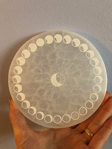 Etched Selenite Plate with Moon Phase Design 4 Inch