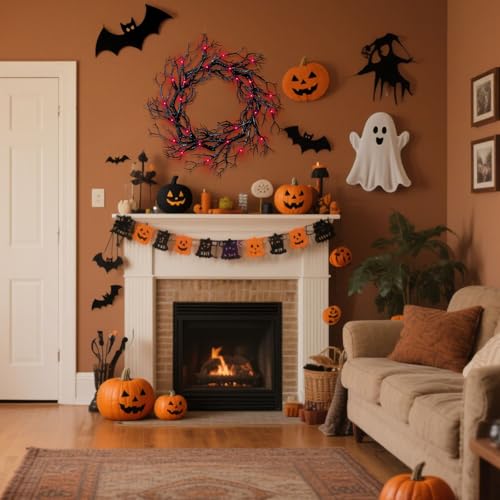 Halloween Black Branch Wreath with Lights