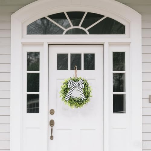 Artificial Green Boxwood Wreath with Buffalo Plaid Bow and LED Lights