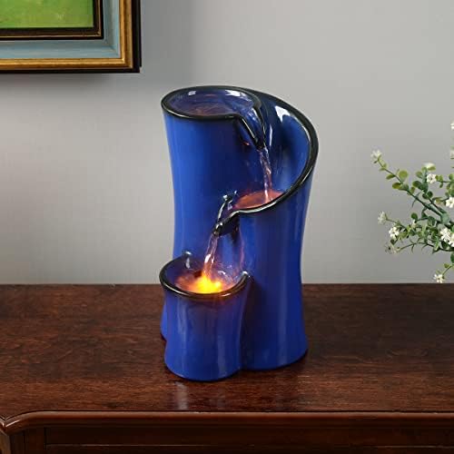 GOSSI Imitation Ceramic Tabletop Fountain with 3 Reflective LEDs 98 Inch Tall Blue
