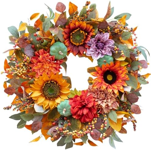 24 Inch Autumn Front Door Wreath with Pumpkins and Fall Leaves