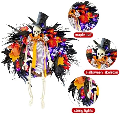 Gothic Skeleton Wreath with Lights 28 Inch Halloween Decor