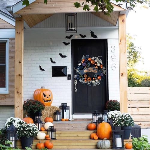 Halloween Glitter Pumpkin Wreath with Balls Berries and Black Roses