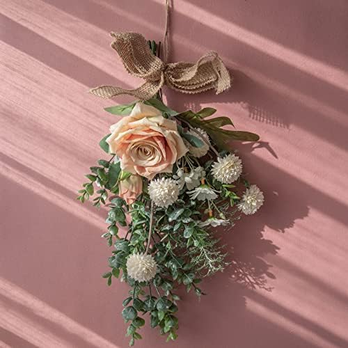 15 Inch Artificial Floral Swag Wreath with Eucalyptus and Burlap Bow