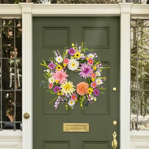 Vibrant 22 Inch Spring Wreath with Dahlias and Daisies