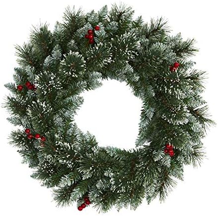 Nearly Natural 24-Inch Frosted Wreath with LED Lights and Berries