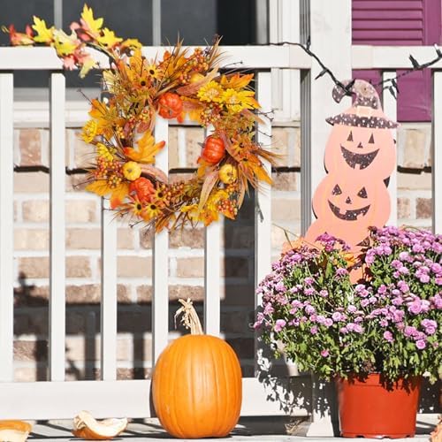 19 Inch Artificial Fall Wreath with Pumpkins and Maple Leaves
