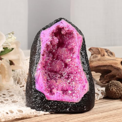 TUMBEELLUWA Large Fuchsia Titanium Coated Crystal Geode Stone Decor