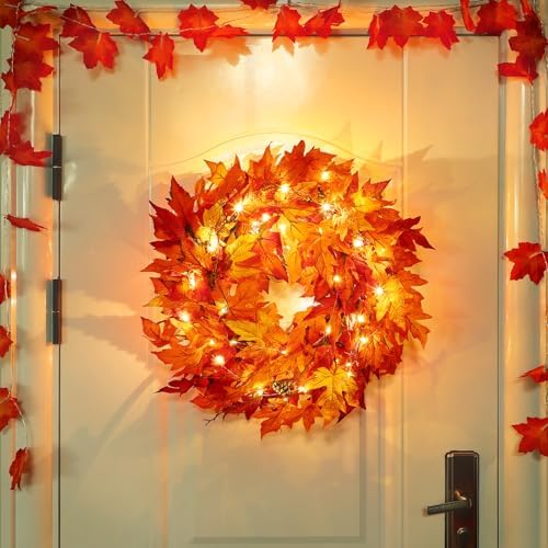 24 Inch Lighted Fall Wreath for Front Door