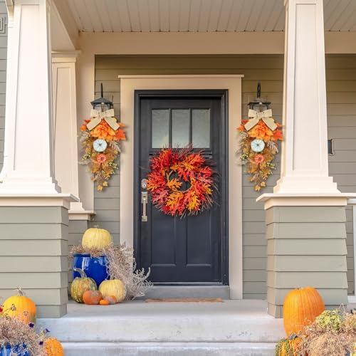 22 Inch Fall Wreaths 2 PCS Teardrop Swag for Front Door