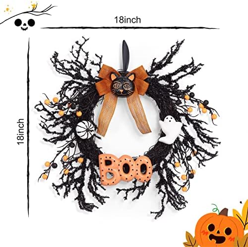 Adeeing 18 Inch Halloween Wreath with Black Cat and Boo Sign