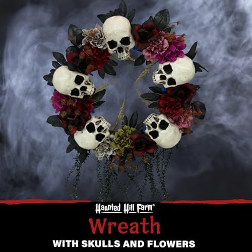 Haunted Hill Farm 24-Inch Halloween Wreath with Skulls and Vines