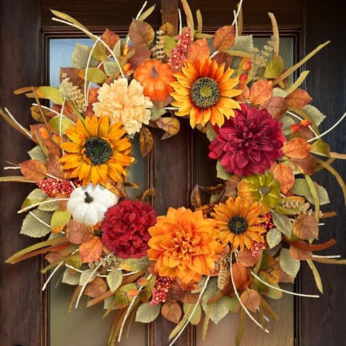Fall Door Wreath with Sunflowers and Pumpkins