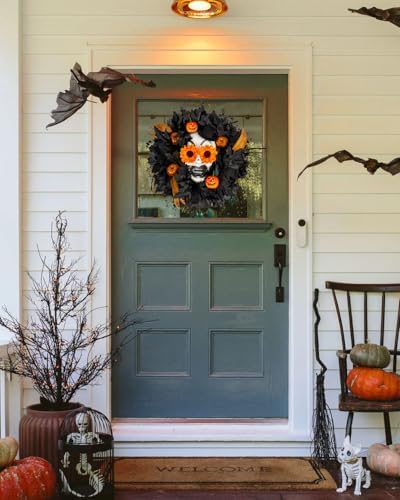 Halloween Wreath with Skull 20 Inch Black Maple Leaves Decor