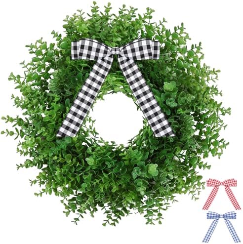 Artificial Boxwood Wreath with 3 Plaid Bows 24 Inch