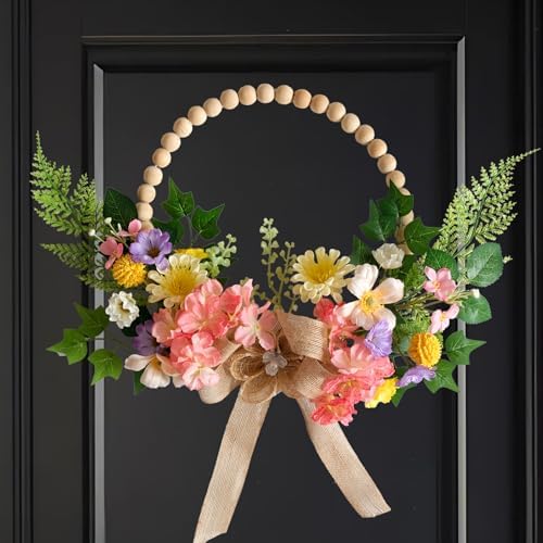 TEMPUS 16 Inch Artificial Spring Wreath with Flower Bow