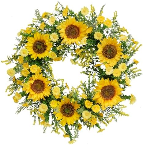 21 Inch Yellow Silk Sunflower Wreath for Front Door