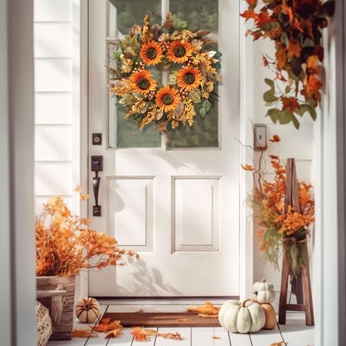 Autumn Door Wreath with Sunflowers and Leaves