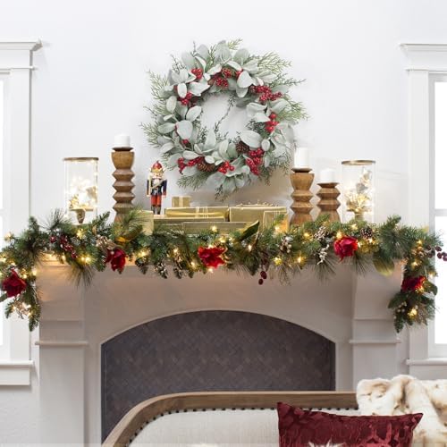 Kmise 19 Inch Artificial Christmas Wreath with Red Berries and Pinecones