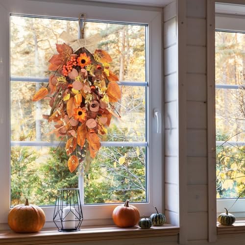 2 Pcs 24 Autumn Harvest Teardrop Wreath for Front Door