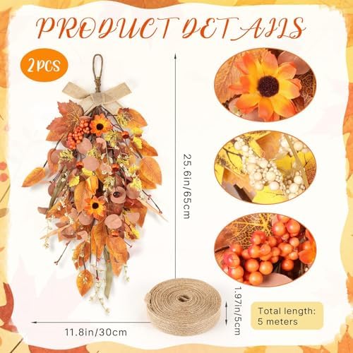 2 Pcs 24 Autumn Harvest Teardrop Wreath for Front Door