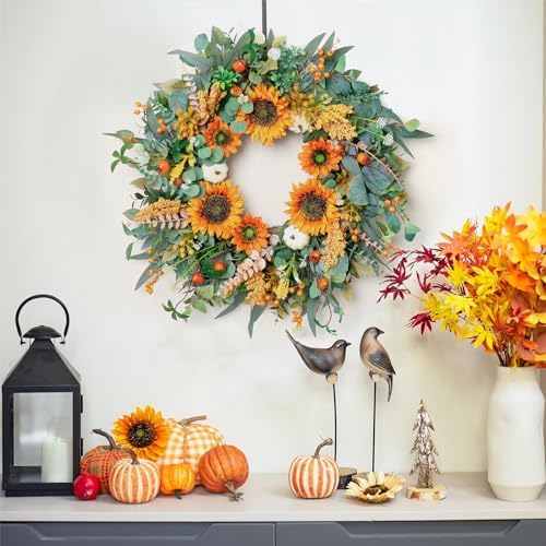 24-Inch Fall Door Wreath with Sunflowers Pumpkins Boxwood Eucalyptus Berries