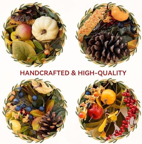 Fall Wreath 24 Inch with Yellow White Pumpkins Red Berries Eucalyptus Leaves Pinecones