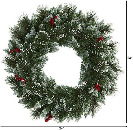 Nearly Natural 24-Inch Frosted Wreath with LED Lights and Berries