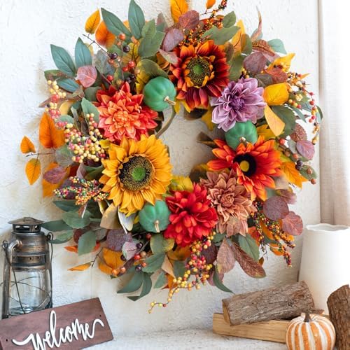 24 Inch Autumn Front Door Wreath with Pumpkins and Fall Leaves