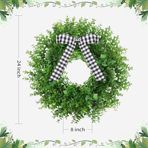 Artificial Boxwood Wreath with 3 Plaid Bows 24 Inch