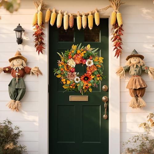 24 Inch Fall Wreath with Artificial Apples Dahlias and Sunflowers
