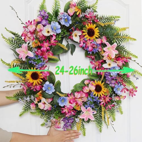 Elegant 24-26 Inch Floral Wreath with Sunflowers and Lily