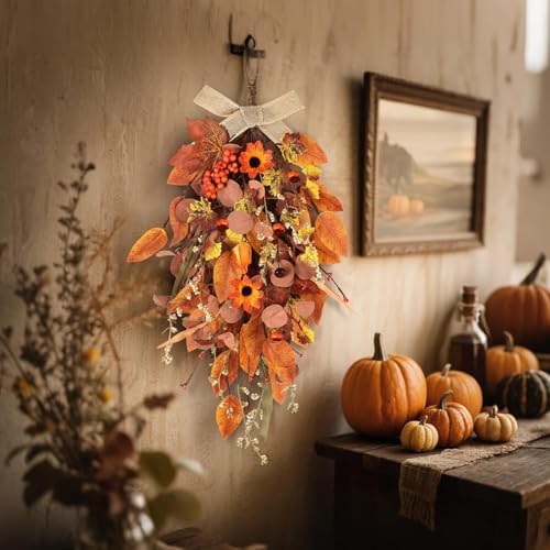 2 Pcs 24 Autumn Harvest Teardrop Wreath for Front Door