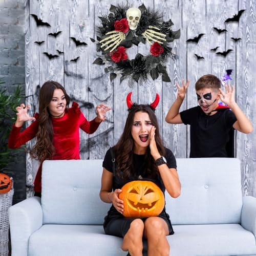 Gothic Halloween Skull Wreath with Hands and Roses