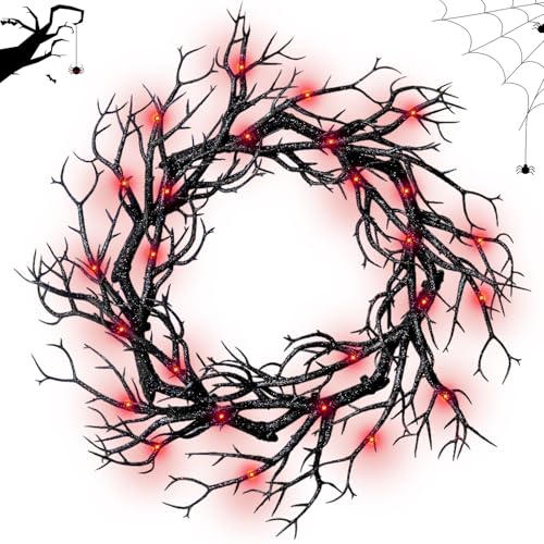 Halloween Black Branch Wreath with Lights